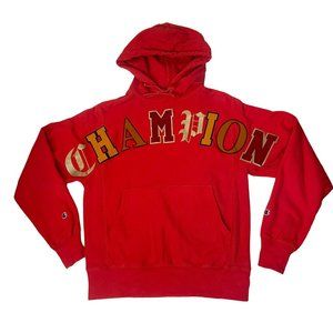 Champion Reverse Weave Old English Spellout Hoodie Sweatshirt Red S Logo